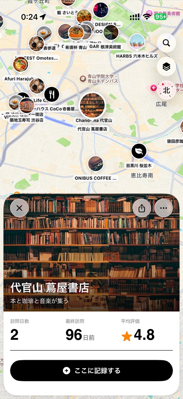 記録フォーム。写真とメモ、5段階評価、タグが並んでいる