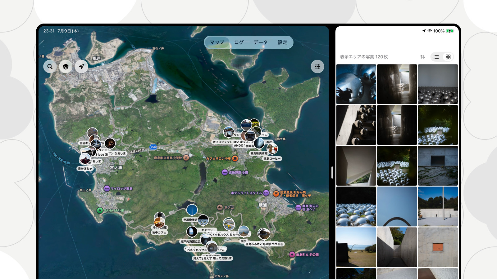 Ver 3.0 iPad対応のスクリーンショット(衛星地図と写真パネルの2画面)